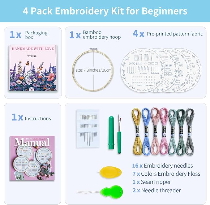 ETSPIL Beginner Embroidery Kit for Adults & Teens – 33 Stitches, Stamped Plant & Wreath Patterns, Hoop, Threads & Tools, Video & Manual Instructions, Easy & Fun DIY Gift for Craft Lovers