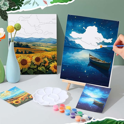 Tenceur 16 Sets Pre Drawn Canvas to Paint for Sip and Paint Party, 8 x 10 Inch Preprinted Framed Pre Sketched Coloring Canvas with Easels and Brushes for Adults Party Supplies(Landscape)