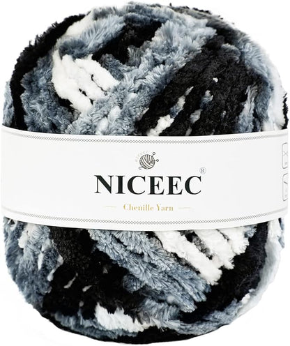 NICEEC 300g Soft Chenille Yarn Blanket Velvet Yarn for Knitting, Crochet, Weaving DIY Craft Total Length 150m (164yds)_Black White Gray