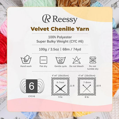 Velvet Chenille Yarn Pack – 6 Skeins × 100g Super Bulky (CYC #6) – Soft Velvet Chunky for Crocheting & Knitting, Fluffy Chenille Yarn for Blankets, Scarves & Crafts (Red)