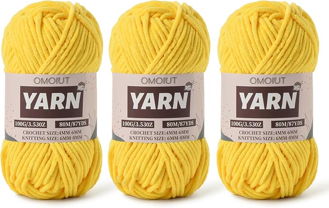 Fluffy Chenille Yarn for Crocheting - Baby Yarn for Crocheting Soft Blanket - 3 Pack of 100g/(87.4yds) Crochet Amigurumi Chunky Yarns - Super Bulky 5 Velvet Yarns (3 Golden Yellow)