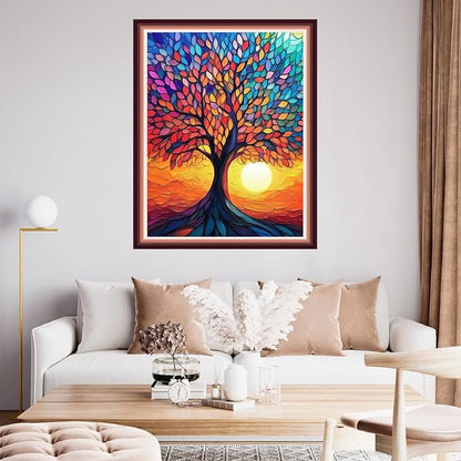 Fanxvivy Stamped Cross Stitch Kits for Beginners Full Range of Cross Stitching Preprinted Embroidery Kits for Adults, 11CT Embroidery Pattern Needlepoint Kits-Colorful Tree Sunrise 16x20 inch