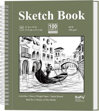 SuFly 11x14 Sketchbook, 100 Sheets Hardcover Sketch Book, 68lb/100gsm Artist Paper, Drawing Books for Teens & Art Gifts.