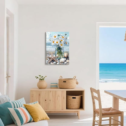 WENGTIAO Blue Beach Bunch of Flowers Canvas Wall Art Ocean Stones Paintings White Flowers in Full Bloom Wall Picture Canvas Print Artwork Wall Decor for Dining Office Living Room Bedroom 16"x24"