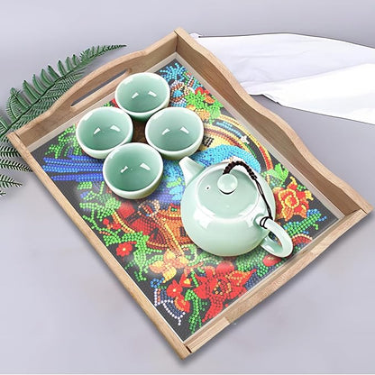 FGbaby DIY 5D Parrot Diamond Painting Wood Serving Tray with Handles Diamond Art Decorative Serving Trays Wooden Tray for Breakfast in Bed, Patio, BBQ, Coffee Table, Party –Great for Lap & Couch