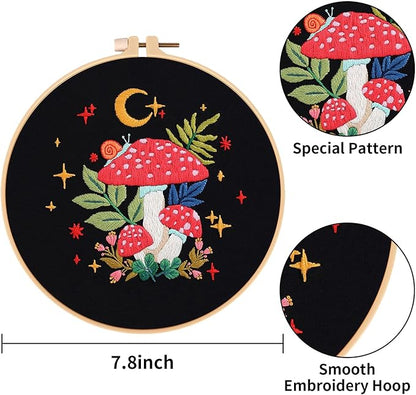 Nuberlic Mushroom Embroidery Kits for Beginner Adults Cross Stitch Kit with Stamped Pattern Include Cloth Hoops Threads Needles