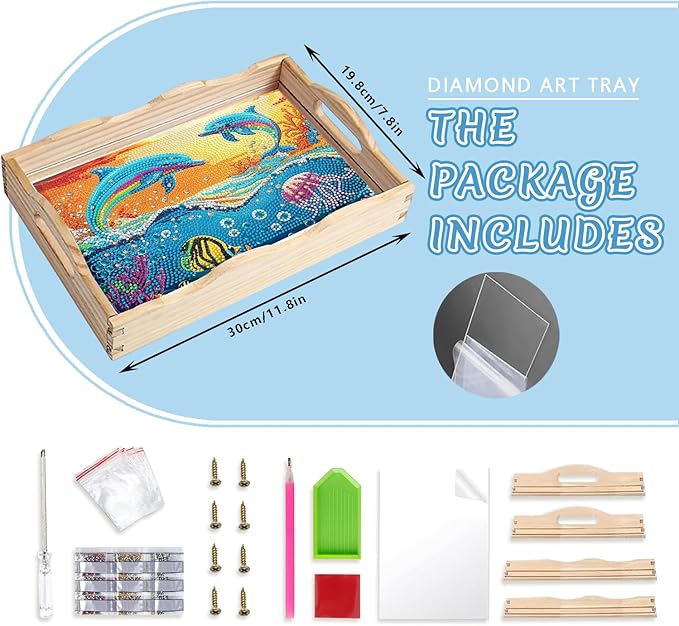DOTSOPS 5D Diamond Art Wooden Serving Tray with Handle for Adults DIY Diamond Painting Kits for Beginners Full Drill Diamond Dots Gem Arts and Crafts Special Shape 7.8x11.8 Inches Dolphin