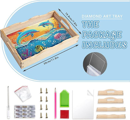 DOTSOPS 5D Diamond Art Wooden Serving Tray with Handle for Adults DIY Diamond Painting Kits for Beginners Full Drill Diamond Dots Gem Arts and Crafts Special Shape 7.8x11.8 Inches Dolphin