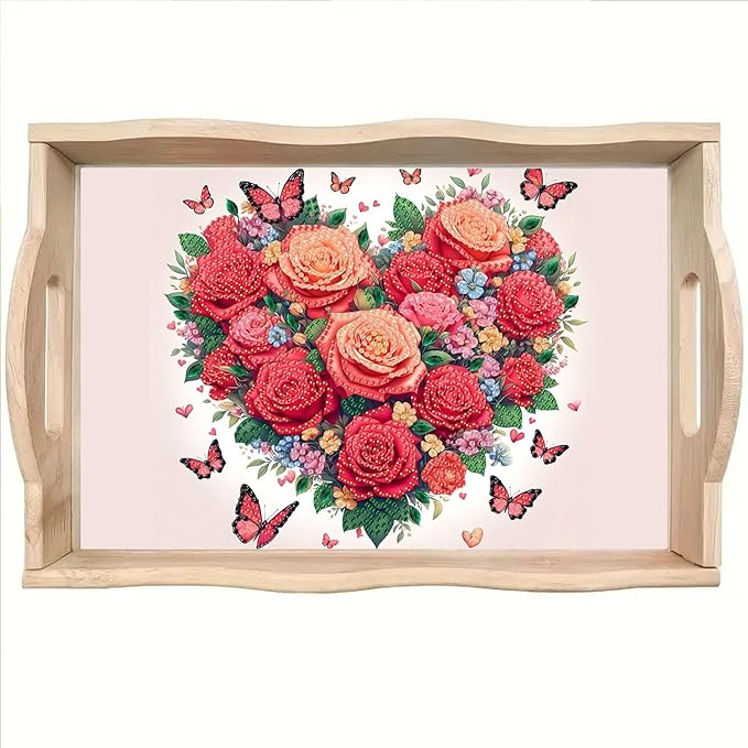 DoxQcs DIY Diamond Art Wooden Tray Kit Easter Food Tray with Handle Diamond Painted Table Decoration Tray for Breakfast Bar Dinner Table Diamond Art Painting for Beginners-Rose Heart