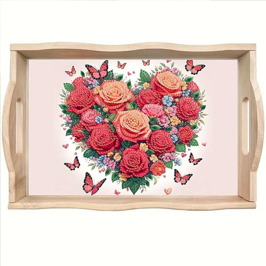 DoxQcs DIY Diamond Art Wooden Tray Kit Easter Food Tray with Handle Diamond Painted Table Decoration Tray for Breakfast Bar Dinner Table Diamond Art Painting for Beginners-Rose Heart