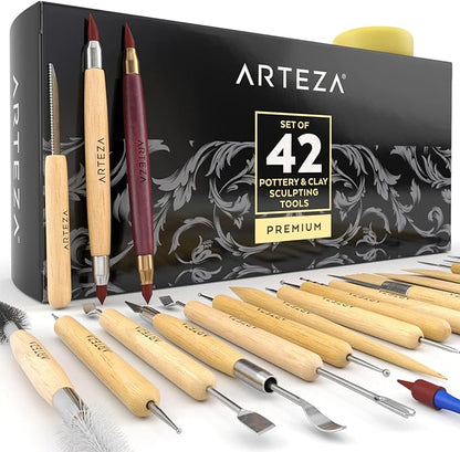 Arteza Pottery & Polymer Clay Tools, 42-Piece Sculpting Set, Steel Tip Tools with Wooden Handles, for Pottery Modeling, Smoothing, Carving & Ceramics