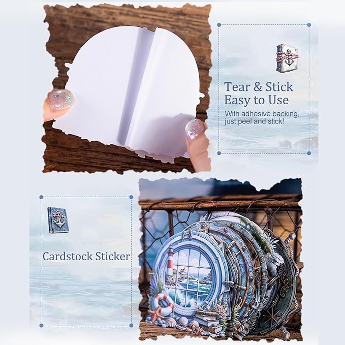 AuriicLeaf Nautical Scrapbook Stickers Set – 60PCS Vintage Maritime-Themed Cardstock Stickers, Adhesive Die-Cuts for Journals, Crafts, Gift Tags, DIY Decor