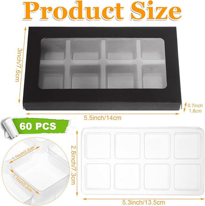 60 Pcs Wax Melt Containers, 8-Cavity Plastic Wax Melt Molds with Kraft Paper Wax Melt Boxes, Black Gift Boxes for Wax Melts, Wax Candle Soap Making