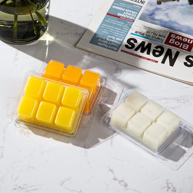 Patelai 60 Pieces Wax Melt Molds Containers 6 Cavity Clear Empty Plastic Wax Melt Clamshell Mould Empty Pet Mould Cube Tray for Candle Soap Making, 4.15 x 3 Inch