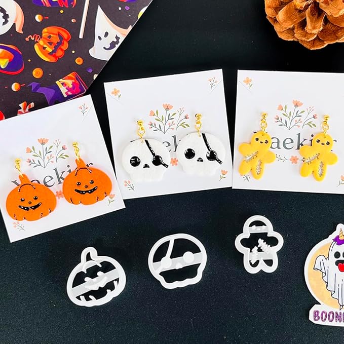 Xaekicr Halloween Polymer Clay Cutters Set – 8Pcs Clay Cutters for Earrings, Pumpkin Skull Witch Hat Molds for DIY Clay Jewelry Making