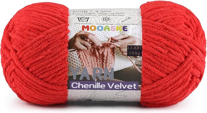 Chunky Yarn for Crocheting and Knitting - Easy to Use Plush Chenille Super Bulky Yarn 100g/131yds - Ultra Soft Velvet Baby Blanket Yarn for Beginners & Amigurumi Projects, Red