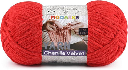 Chunky Yarn for Crocheting and Knitting - Easy to Use Plush Chenille Super Bulky Yarn 100g/131yds - Ultra Soft Velvet Baby Blanket Yarn for Beginners & Amigurumi Projects, Red