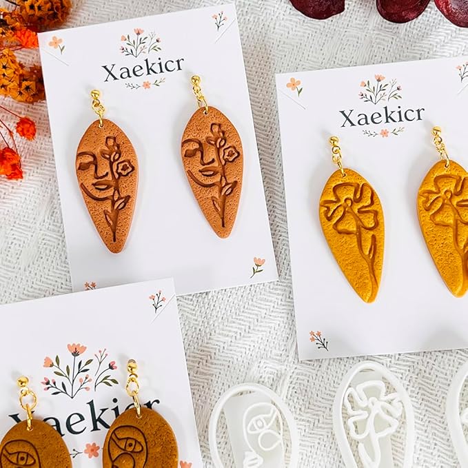 Xaekicr Abstract Face Polymer Clay Cutters Set – 3PCS Clay Earring Cutters with Floral Line Design – Embossed Polymer Clay Molds for DIY Jewelry and Crafts