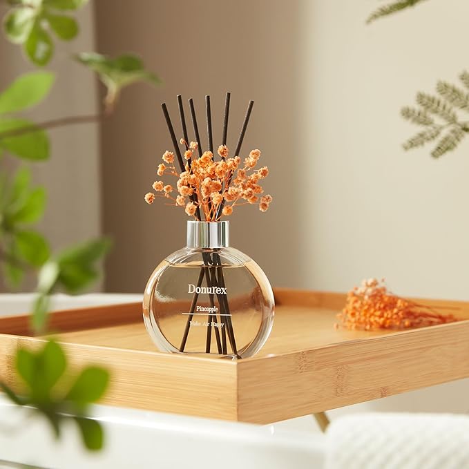 Donurex Flower Reed Diffuser Set 5.07oz Pineapple Scent Diffuser with Sticks Home Fragrance Reed Diffuser for Bathroom Shelf Decor