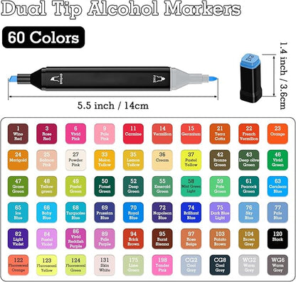 Cautyfky 60 Colors Dual Tip Alcohol Markers, Dual Tips Art Markers, Permanent Sketch Marker Set for Adults Coloring, Painting, Sketching, Illustrations