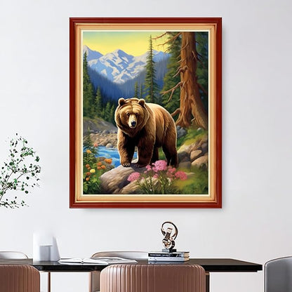 Foxdiviy Stamped Cross Stitch Kit - 11CT Pre-Printed Embroidery Patterns - Forest Brown Bear - 16x20 inch - All Ages - Unisex - Art Deco - Animal Theme - Non-Foldable