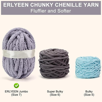 ERLYEEN Chenille Chunky Yarn Super Bulky Soft Thick Fluffy Jumbo Giant Washable Polyester Big Yarn DIY for Arm Knit Blanket Cushion Bed Sofa Home Decor,Grey,0.55LB