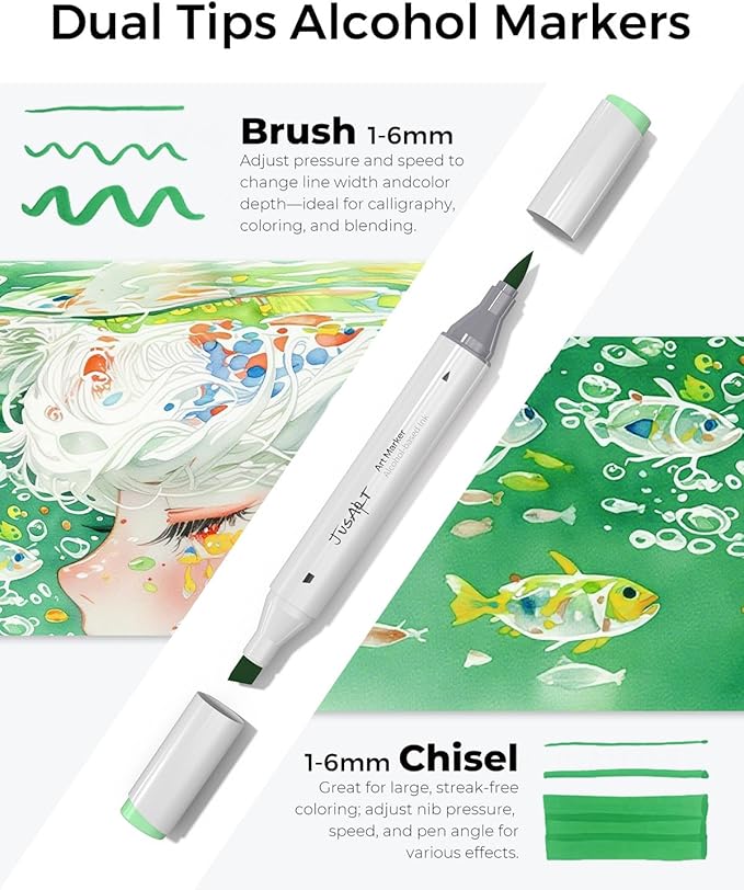 JusArt Alcohol Markers Brush Tip, 48 Colors Dual Tip Art Markers with Brush & Chisel, Alcohol Based Marker Set for Adult Coloring Books, Drawing, Illustration, Sketching, No Bleed Ink Art Supplies