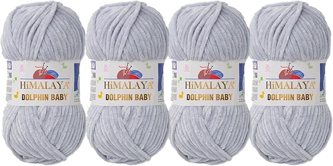 4 Skein/Pack Himalaya Dolphin Baby Chenille Yarn, Each Ball 100 gr (3.5 oz), 120 m (132 Yards), 100% Polyester, Super Bulky Baby Blanket Velvet Amigurumi Yarn, 80325 - Light Gray
