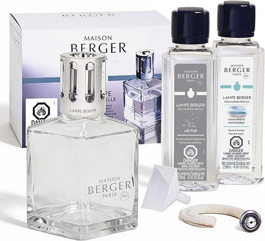 MAISON BERGER Set – Lampe Berger Starter Square Fragrance Diffuser with 2 Refills (Ocean Breeze & So Neutral) – Elegant French Air Purifier – Made in France – 2 × 250 mL (8.45 Fl Oz)