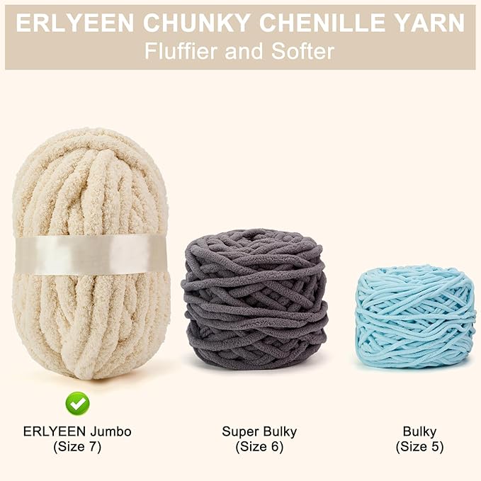 ERLYEEN Chenille Chunky Yarn Super Bulky Soft Thick Fluffy Jumbo Giant Washable Polyester Big Yarn DIY for Arm Knit Blanket Cushion Bed Sofa Home Decor,Beige,1.1LB