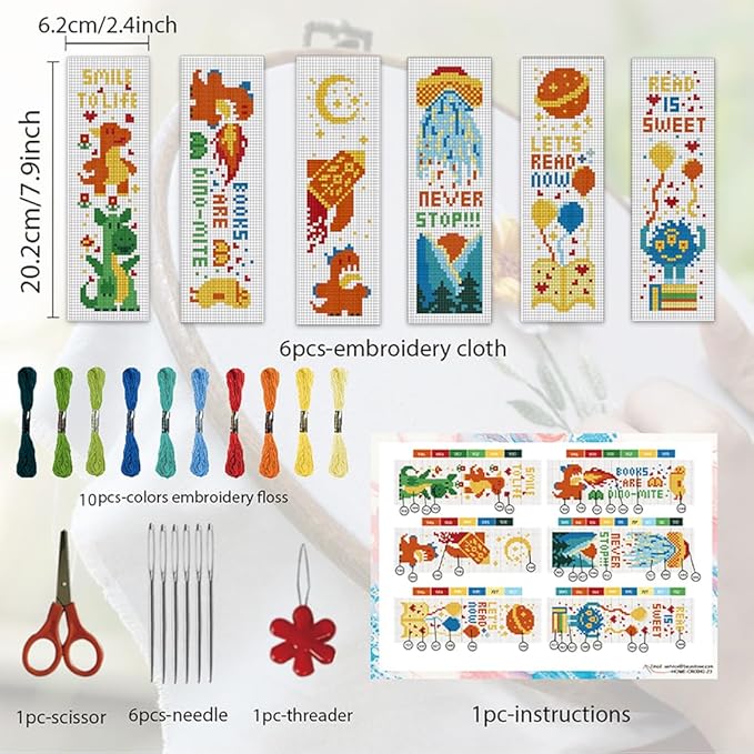ORIGACH 6 Set Dinosaurs and Aliens Cross Stitch Bookmark Kit for Beginner with Backing Felt Floss Instructions DIY Stamped Embroidery Bookmark Kit for Adults, Book Lovers