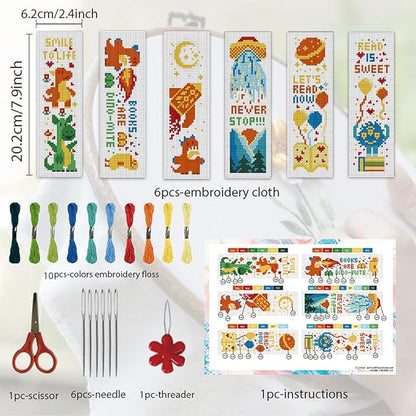 ORIGACH 6 Set Dinosaurs and Aliens Cross Stitch Bookmark Kit for Beginner with Backing Felt Floss Instructions DIY Stamped Embroidery Bookmark Kit for Adults, Book Lovers
