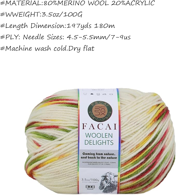 Facai Blend Merino Wool Yarn for Knitting - Worsted Weight,197yds (3.5oz) Ball, Ideal for Sweaters, Scarves, and Accessories (1, Winter Jasmine)
