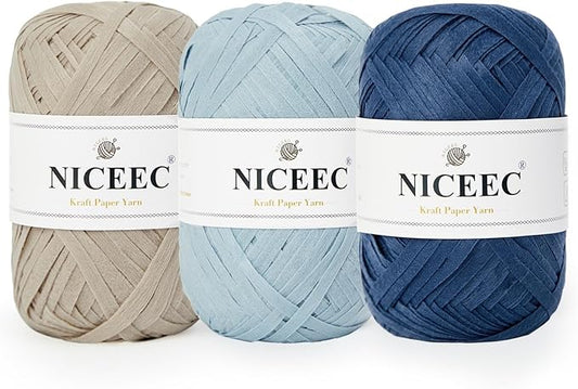 NICEEC 3 Packs Kraft Paper Yarn- Soft Raffia Ribbon Yarn for Crocheting & Knitting, Polyester, DIY Weaving - Total 474yds, 5.3oz - Blue Series