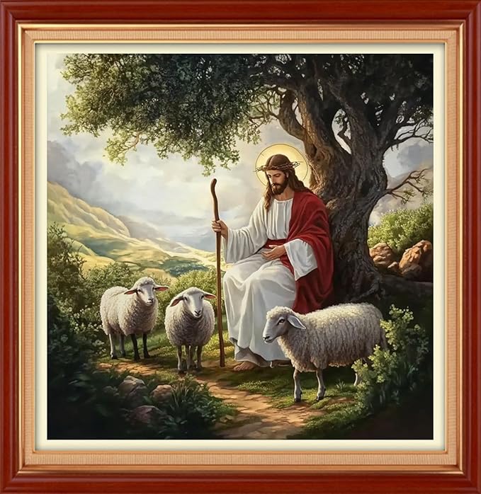 Foxhool Stamped Cross Stitch Kits,11CT Printed Cross Stitch Pattern Full Embroidery Kits for Beginner Needlepoint Kits&Jesus Shepherd 18x18 inch