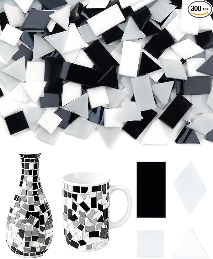 FIVEIZERO 260g Glass Mosaic Tiles for Crafts - 300 Pieces Tiny Mosaic Tile Kit, Irregular Pieces for DIY Craft Jewelry, Coaster Art & Mosaic Kits (Black&White)