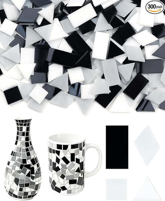 FIVEIZERO 260g Glass Mosaic Tiles for Crafts - 300 Pieces Tiny Mosaic Tile Kit, Irregular Pieces for DIY Craft Jewelry, Coaster Art & Mosaic Kits (Black&White)
