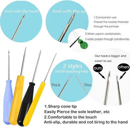 DIY Candle Making Supplies with Organizer Bag Mold Hook&Eye Punch Needle,Big Hole Long Needle Awl for Candle Making,Wick Trimmer& Dipper,Candle Wick Roll 200 Ft,Candle Tool Inserting Wick for Beginner