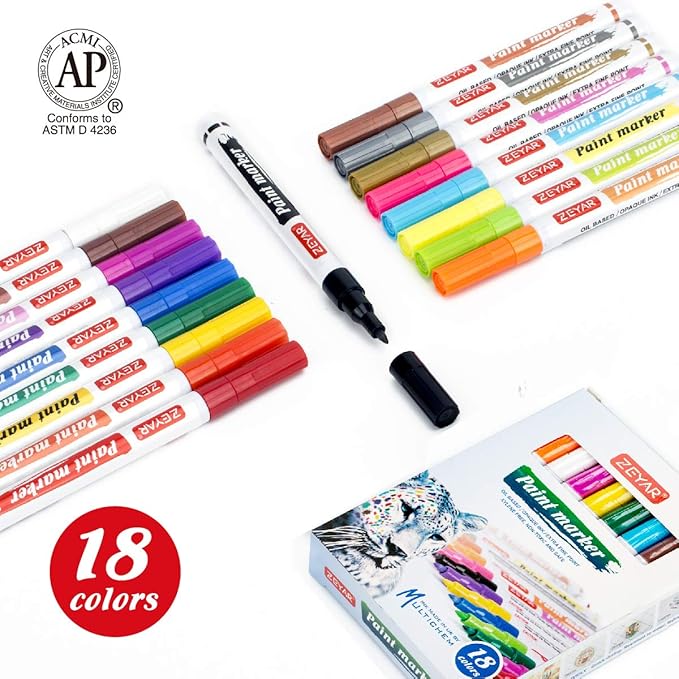 ZEYAR Oil-Based Paint Markers, Expert of Rock Painting, Extra Fine Point, 18 Colors, AP Certified. Works on Rock, Wood, Glass, Metal, Ceramic and more