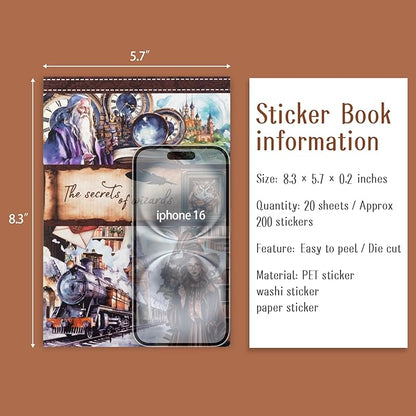 Pre-Cut Magic Sticker Book for Junk Journal, 20 Sheets Wizard Sticker Vintage Ephemera PET Washi Paper Materials for Scrapbooking, Journaling, Collage