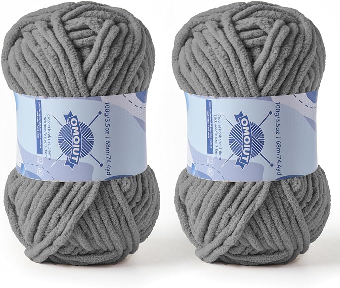 Chunky Chenille Yarn for Crocheting，Baby Yarn for Crocheting Soft Blankets，Bulky Yarns for Crochet Amigurumi，2×100g (2×74.3yds) Fluffy Velvet Yarns for Hand Knitting (2 Dark Gray)