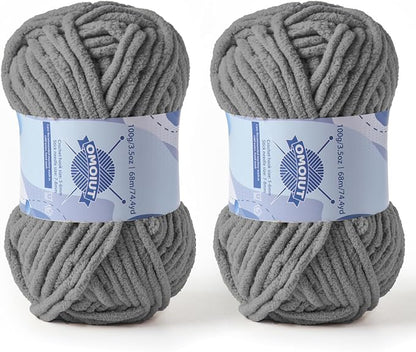 Chunky Chenille Yarn for Crocheting，Baby Yarn for Crocheting Soft Blankets，Bulky Yarns for Crochet Amigurumi，2×100g (2×74.3yds) Fluffy Velvet Yarns for Hand Knitting (2 Dark Gray)