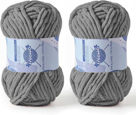 Chunky Chenille Yarn for Crocheting，Baby Yarn for Crocheting Soft Blankets，Bulky Yarns for Crochet Amigurumi，2×100g (2×74.3yds) Fluffy Velvet Yarns for Hand Knitting (2 Dark Gray)