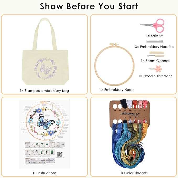 ERKOON Canvas Tote Bag Embroidery Kit for Beginners, Floral Arts Crafts Cross Stitch Kits for Adults Including Stamped Embroidery Bag with Hoops, Needle, Instruction and Color Threads (Butterfly)