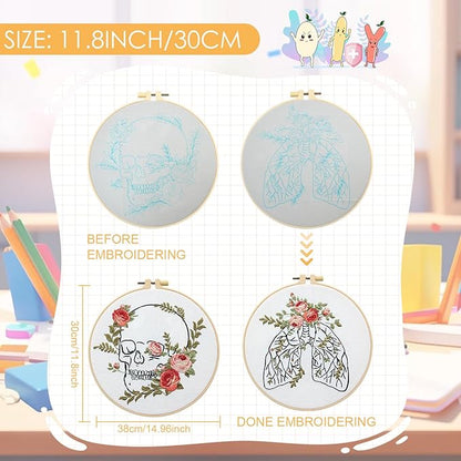 5 Sets Skull Embroidery Kits for Beginners Adults, Anatomy Embroidery Starter Kit for Doctors Nurses Christmas Gifts with Floral Stamped Pattern DIY Needlepoint Kit Cross Stitch Set Includes 2 Hoops