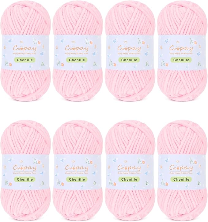 Coopay Chenille Yarn for Crocheting/Knitting, 8 Pack Medium Worsted Weight Yarn of 50g/1.76oz - Total 520yd, Soft Velvet Crochet Yarns for Plush Toys, Baby Blankets, Scarves (Pink)