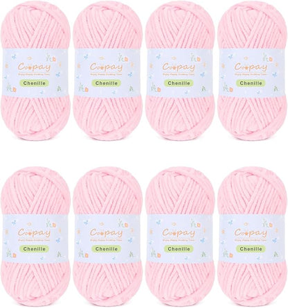 Coopay Chenille Yarn for Crocheting/Knitting, 8 Pack Medium Worsted Weight Yarn of 50g/1.76oz - Total 520yd, Soft Velvet Crochet Yarns for Plush Toys, Baby Blankets, Scarves (Pink)