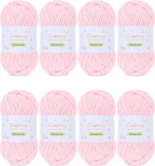 Coopay Chenille Yarn for Crocheting/Knitting, 8 Pack Medium Worsted Weight Yarn of 50g/1.76oz - Total 520yd, Soft Velvet Crochet Yarns for Plush Toys, Baby Blankets, Scarves (Pink)