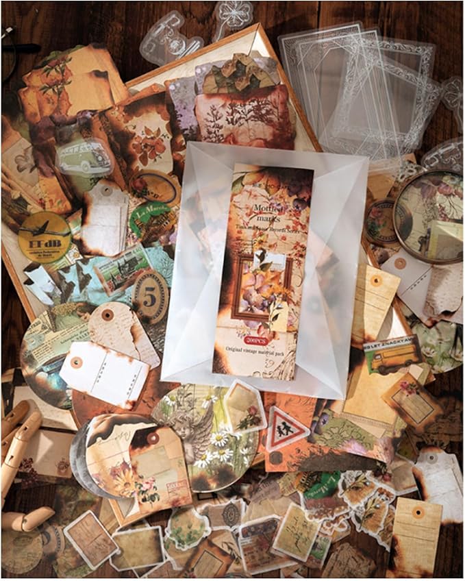 200PCS Vintage Scrapbooking Supplies Pack for Junk Journal Planners Decoupage Paper Scrapbook Stickers Aesthetic Cottagecore Collage Craft Album (Dappled Marks)