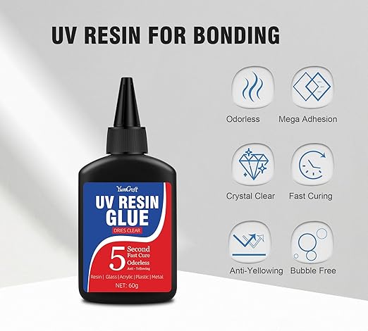 UV Resin Kit with Light, 60g UV Glue with Rechargeable Light, 5 Second Fast Cure UV Glue Adhesive, Clear Repair Kit for Welding Resin, Jewelry Bonding, Plastic, Glass, Acrylic, Craft Decoration